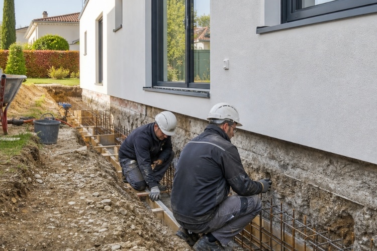 Professionnels réalisant le ferraillage d’une reprise en sous-œuvre le long des fondations d’une maison